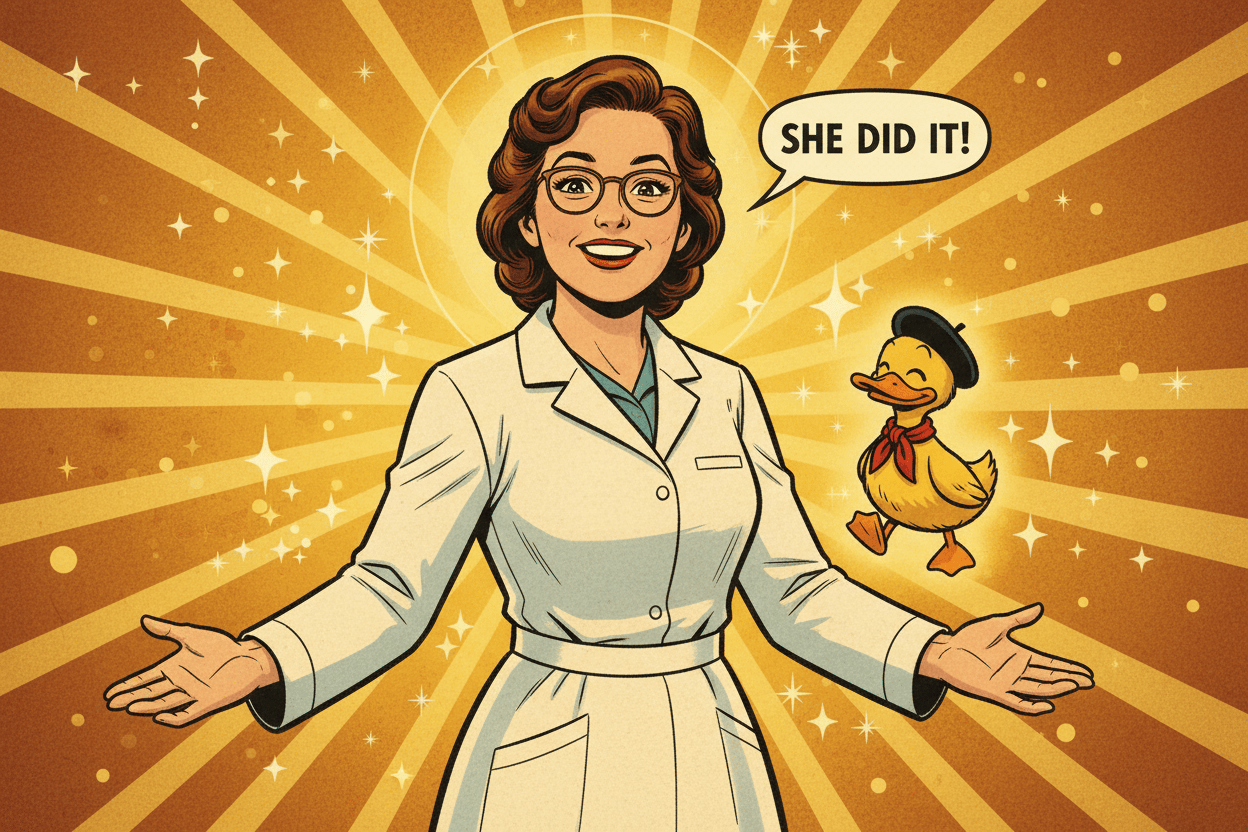 Jacques le canard – mascotte du cours d’anglais médical PatternsToPower ; soignant.e avec lumière dorée "Formation Medical English – communication patient médecin infirmier pharmacien dentiste ; "SHE DID IT	“ Soignante francophone réussissant son cours d’anglais médical.