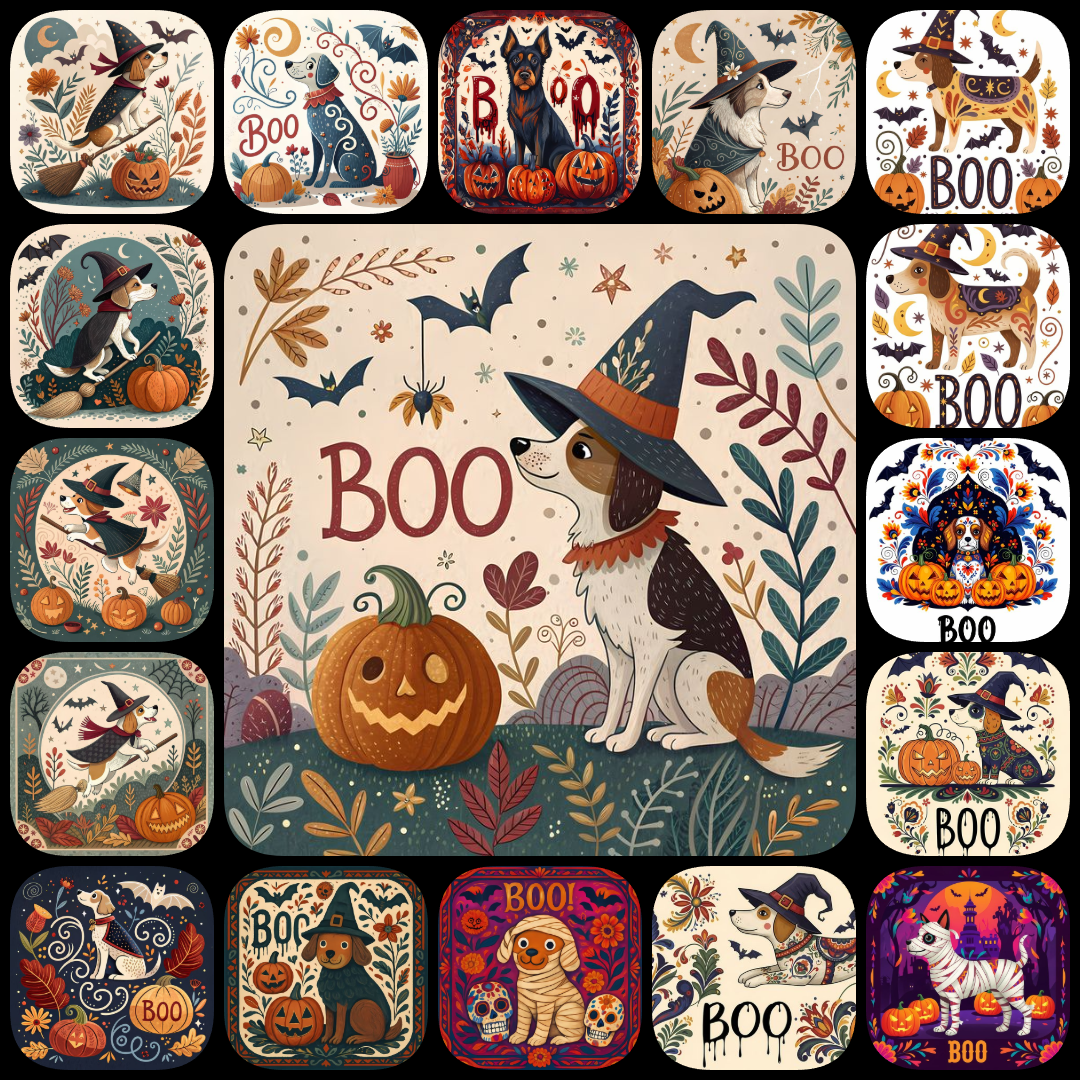 🐾Bring a touch of spooky charm and rustic elegance to your creative projects with this exclusive Halloween Folk Art Dog Bundle! Featuring 135 high-resolution PNG designs (3072px to 9216px, 300 DPI) in square, portrait, and landscape formats, this collecti