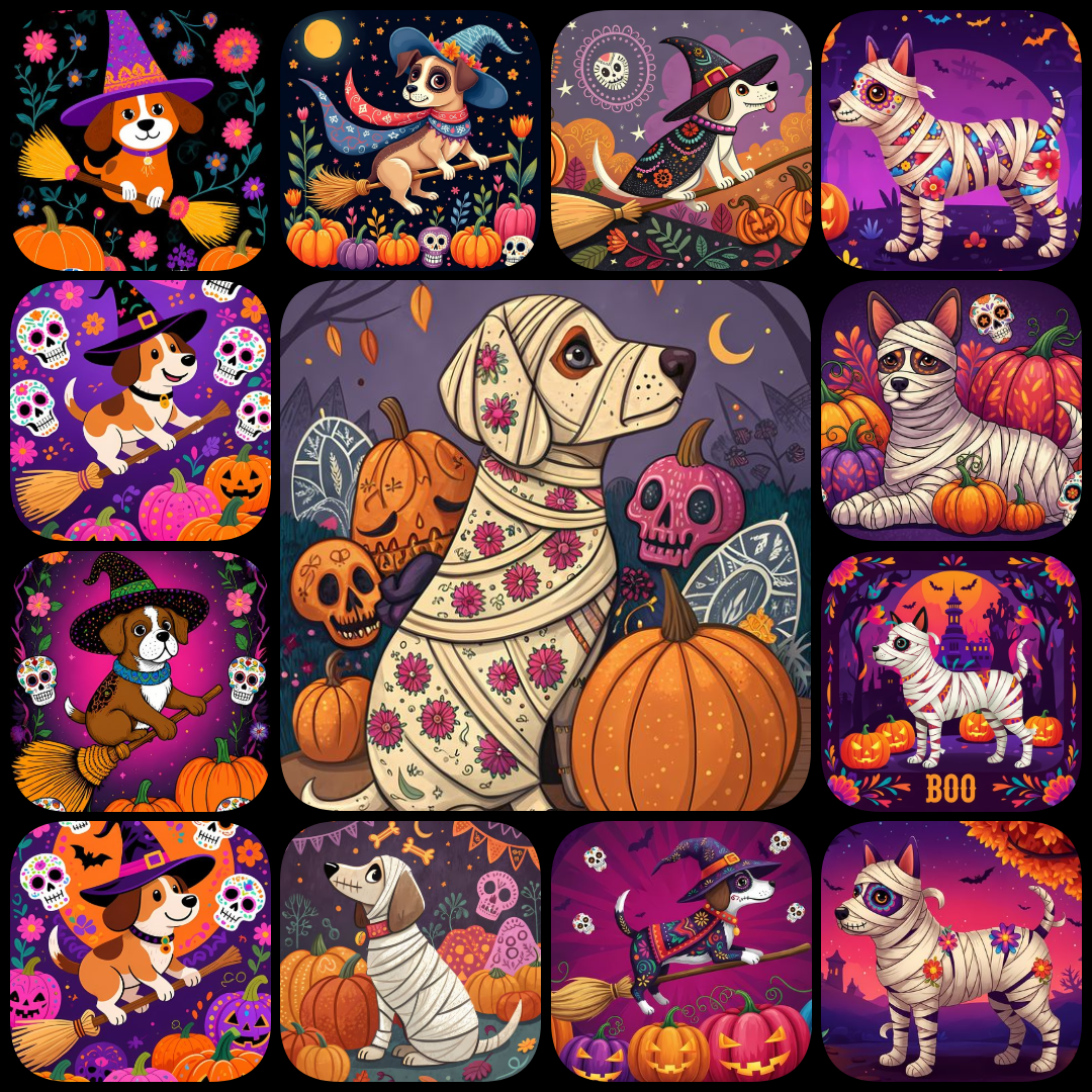 🐾Bring a touch of spooky charm and rustic elegance to your creative projects with this exclusive Halloween Folk Art Dog Bundle! Featuring 135 high-resolution PNG designs (3072px to 9216px, 300 DPI) in square, portrait, and landscape formats, this collecti