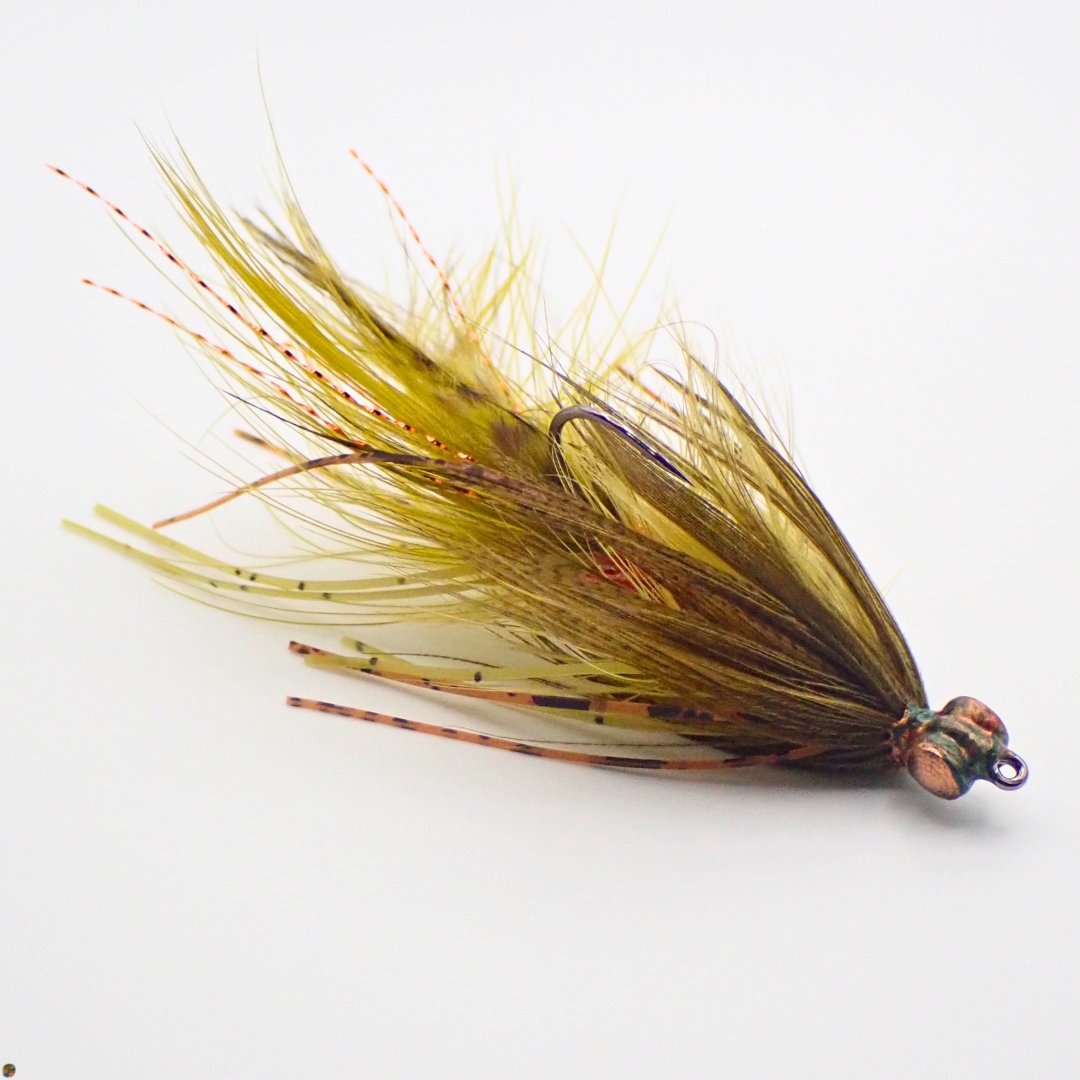 Olive and brown bass woolly bugger jig fly in size 1/0, designed and tied by The Fly Guy, Matt Campbell.