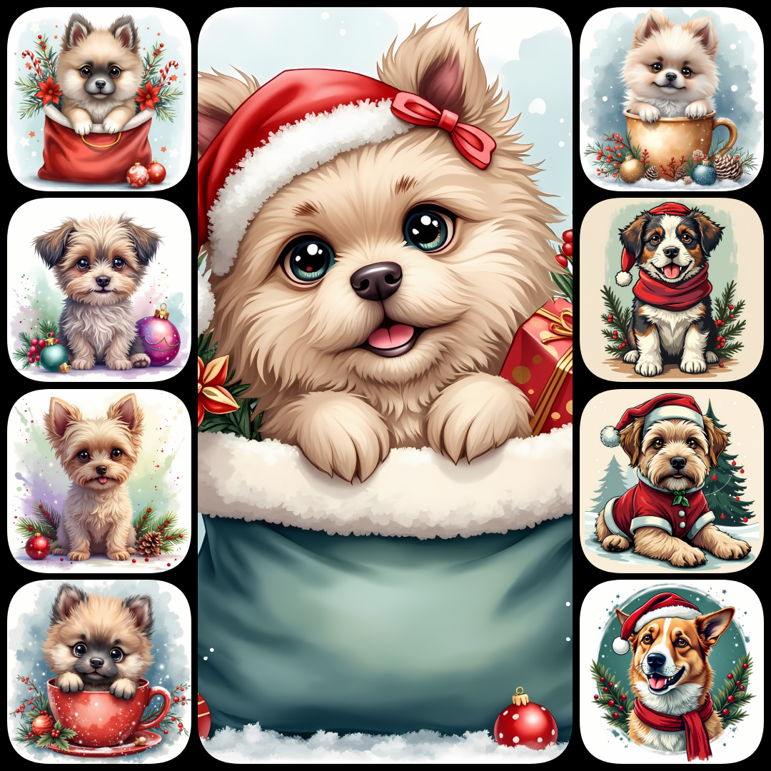 🐾65 Christmas Themed Dogs High-Res Art Images in different Illustrated and Painterly Art Styles  📦 What’s Included:  65 Files in total High Resolution: 300 DPI for professional quality Image Sizes: From 4608px to 6144px 🎨 Perfect For:  Wall Art & Décor Cu