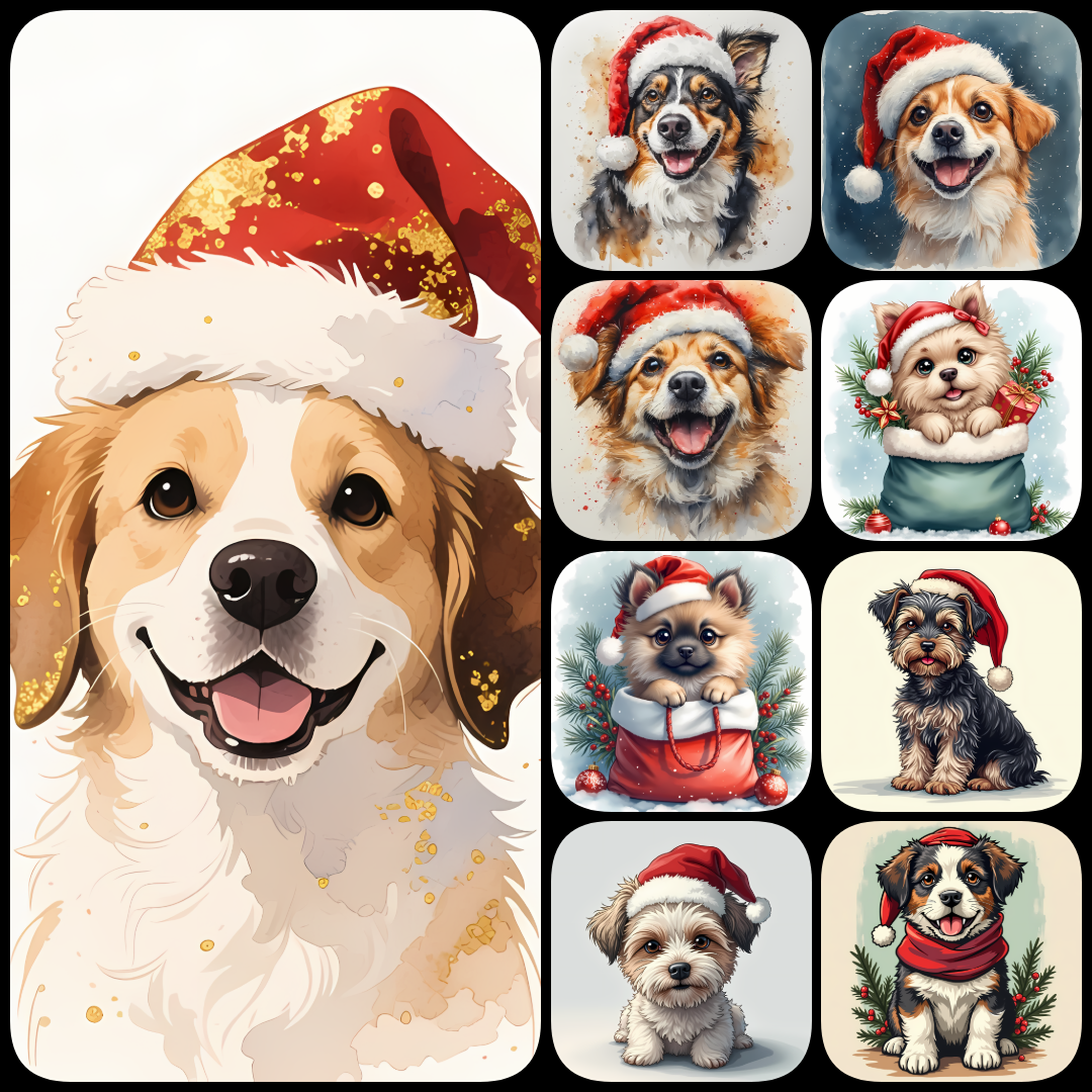 🐾65 Christmas Themed Dogs High-Res Art Images in different Illustrated and Painterly Art Styles  📦 What’s Included:  65 Files in total High Resolution: 300 DPI for professional quality Image Sizes: From 4608px to 6144px 🎨 Perfect For:  Wall Art & Décor Cu