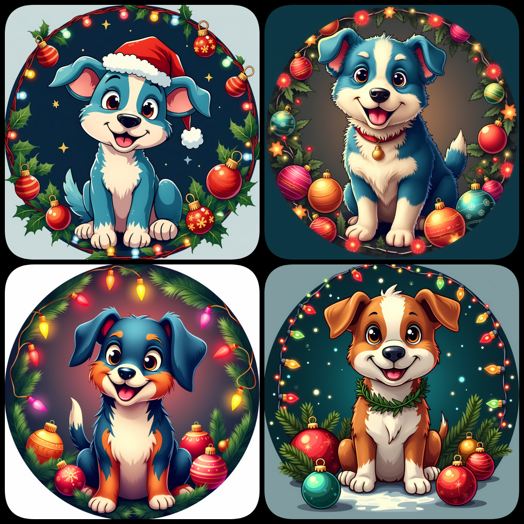 🐾65 Christmas Themed Dogs High-Res Art Images in different Illustrated and Painterly Art Styles  📦 What’s Included:  65 Files in total High Resolution: 300 DPI for professional quality Image Sizes: From 4608px to 6144px 🎨 Perfect For:  Wall Art & Décor Cu