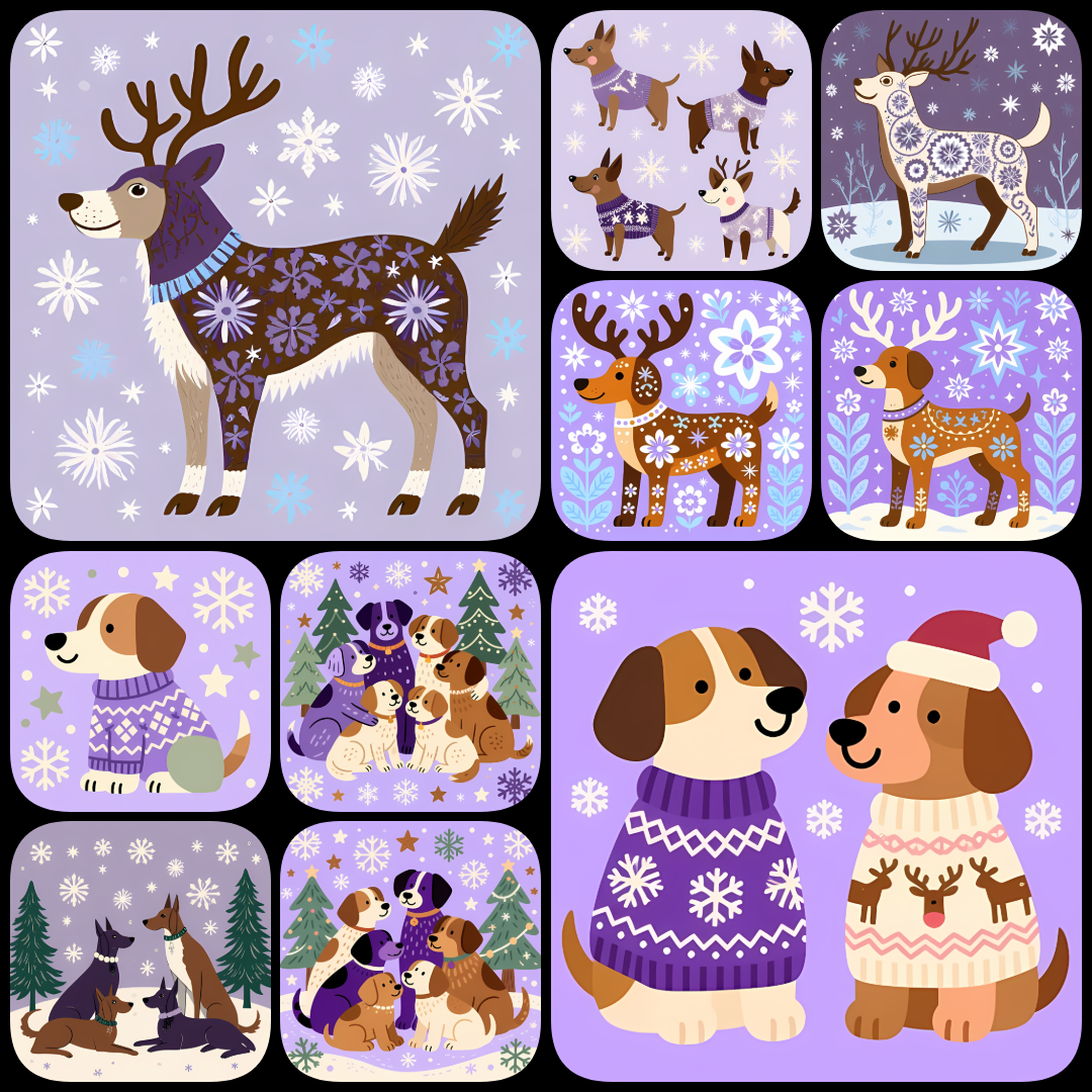 🐾33 Christmas Themed Dog Art | High-Resolution PNGs in Folk Art Styles  📦 What’s Included:  33 Files in total High Resolution: 300 DPI for professional quality Image Sizes: From 3072px to 4608px (portrait, landscape and square) 🎨 Perfect For:  Wall Art & 