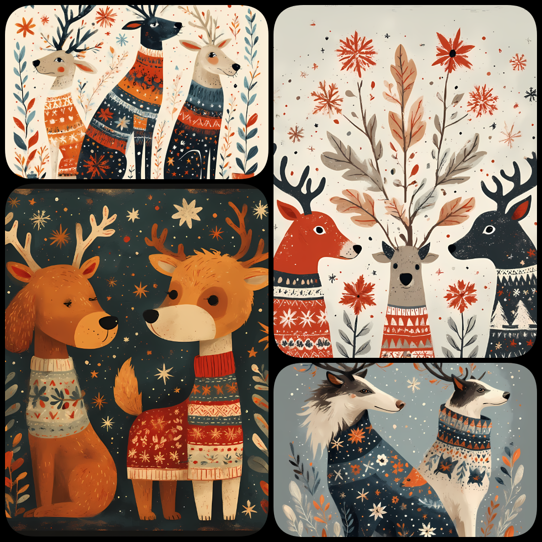 🐾33 Christmas Themed Dog Art | High-Resolution PNGs in Folk Art Styles  📦 What’s Included:  33 Files in total High Resolution: 300 DPI for professional quality Image Sizes: From 3072px to 4608px (portrait, landscape and square) 🎨 Perfect For:  Wall Art & 