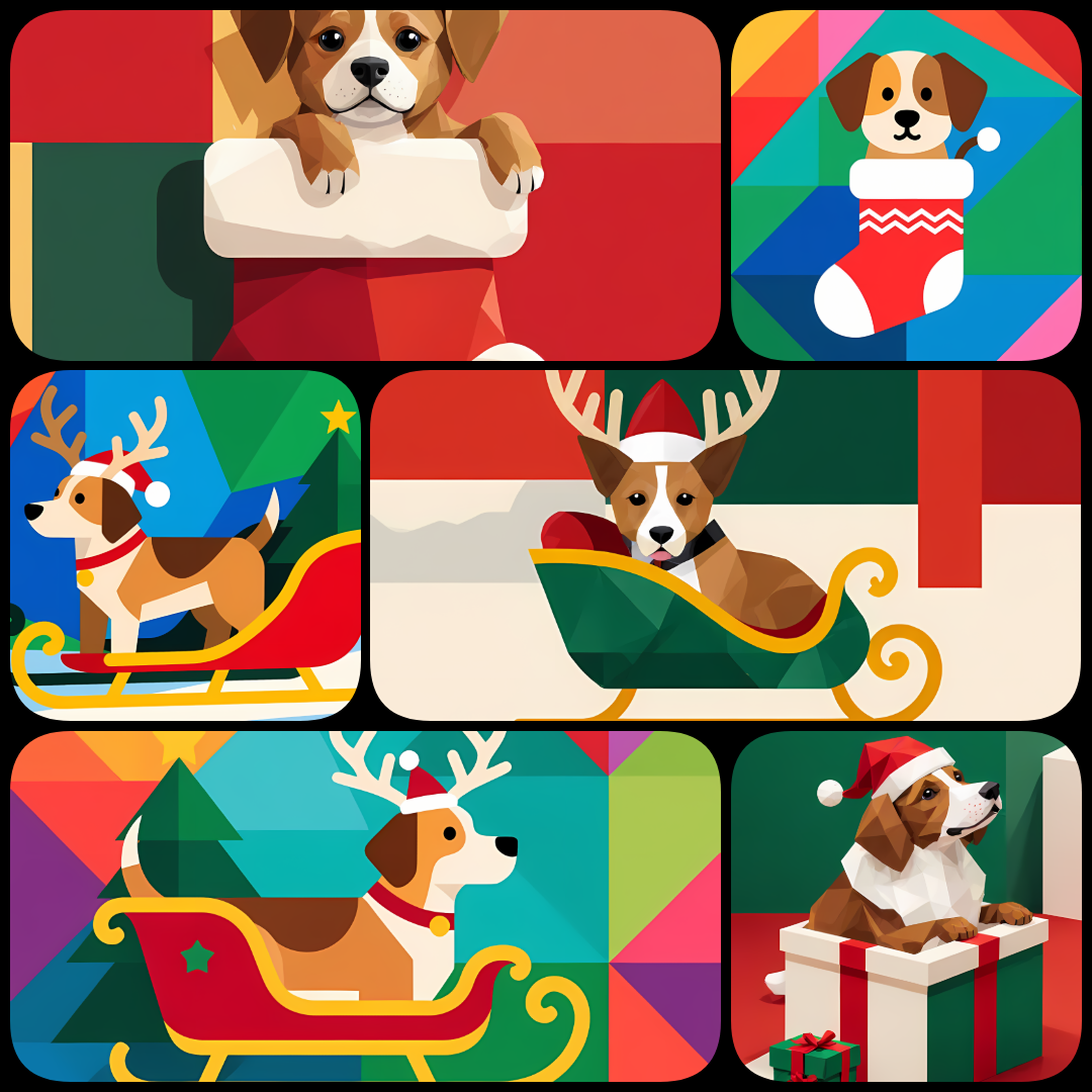 🐾24 Christmas Themed Dog Art | High-Resolution PNGs in Geometric Abstract Art Style  📦 What’s Included:  24 Files in total High Resolution: 300 DPI for professional quality Image Sizes: From 3702px to 4608px (square, landscape, portrait) 🎨 Perfect For:  W