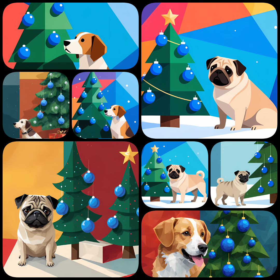 🐾24 Christmas Themed Dog Art | High-Resolution PNGs in Geometric Abstract Art Style  📦 What’s Included:  24 Files in total High Resolution: 300 DPI for professional quality Image Sizes: From 3702px to 4608px (square, landscape, portrait) 🎨 Perfect For:  W