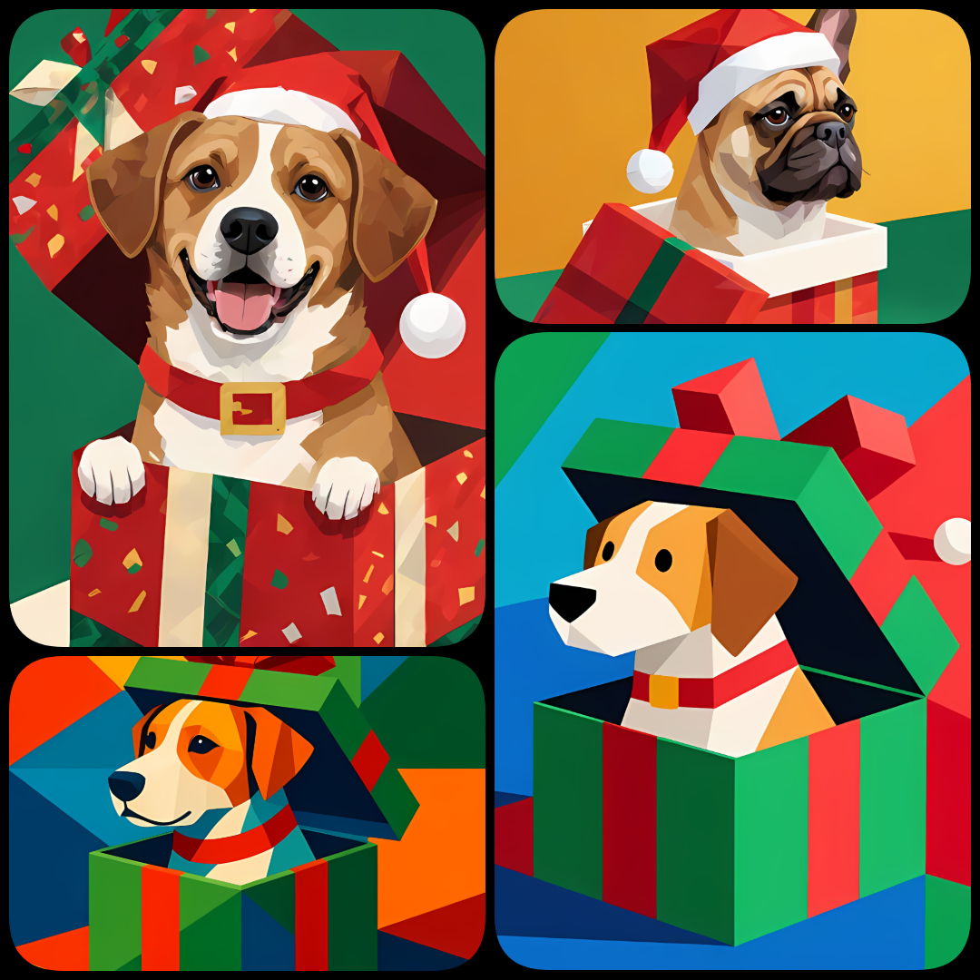 🐾24 Christmas Themed Dog Art | High-Resolution PNGs in Geometric Abstract Art Style  📦 What’s Included:  24 Files in total High Resolution: 300 DPI for professional quality Image Sizes: From 3702px to 4608px (square, landscape, portrait) 🎨 Perfect For:  W