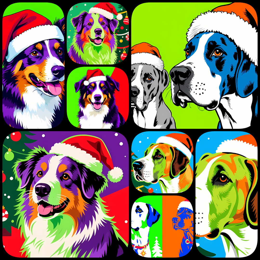 🐾28 Christmas Themed Dog Art | High-Resolution PNGs in Pop Art Styles  📦 What’s Included:  28 Files in total High Resolution: 300 DPI for professional quality Image Sizes: From 3072 px to 4608 px 🎨 Perfect For:  Wall Art & Décor Custom Stationery & Writin