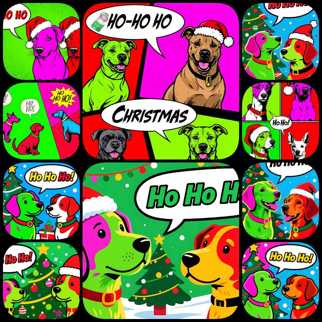 🐾28 Christmas Themed Dog Art | High-Resolution PNGs in Pop Art Styles  📦 What’s Included:  28 Files in total High Resolution: 300 DPI for professional quality Image Sizes: From 3072 px to 4608 px 🎨 Perfect For:  Wall Art & Décor Custom Stationery & Writin