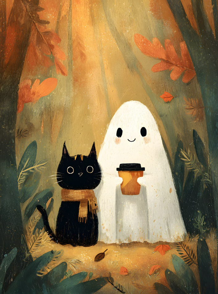 Black Cat and Boo Ghost Wall Art