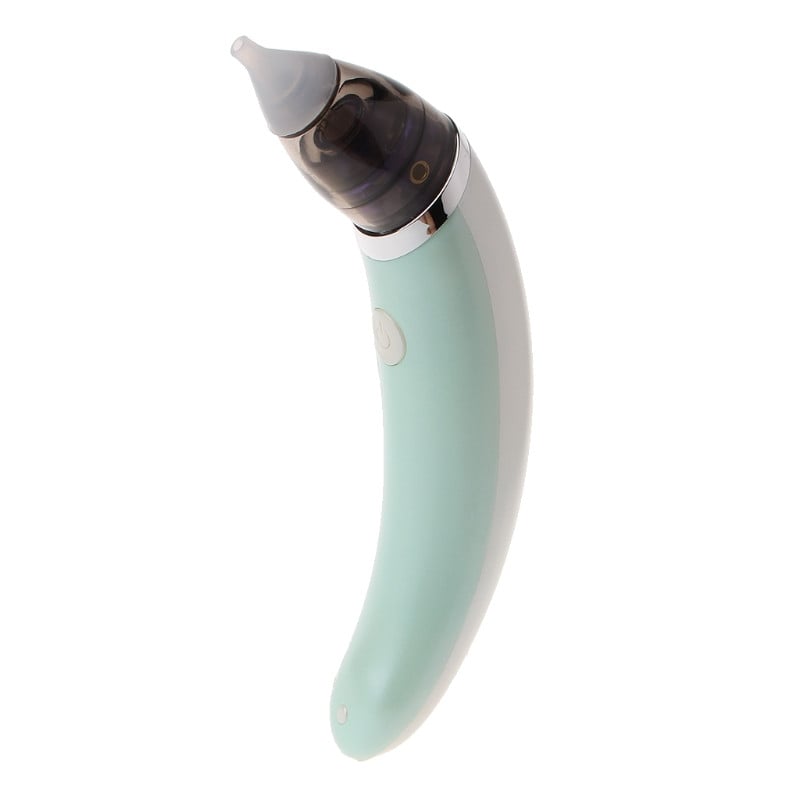 Compact rechargeable nasal aspirator for babies and young children.