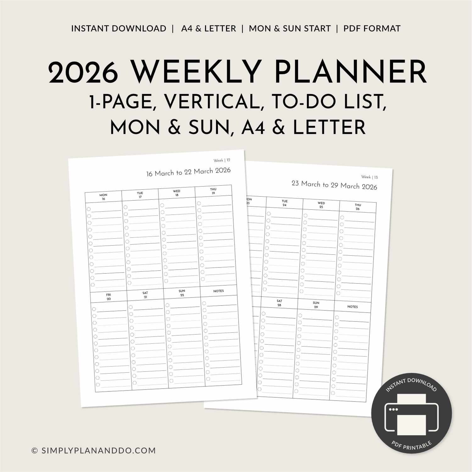 2026 Dated Weekly Planner Printable - portrait, vertical, to-do list style
