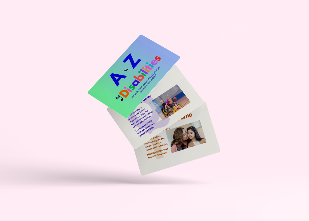 3 kids with disabilities cards above a link pink background