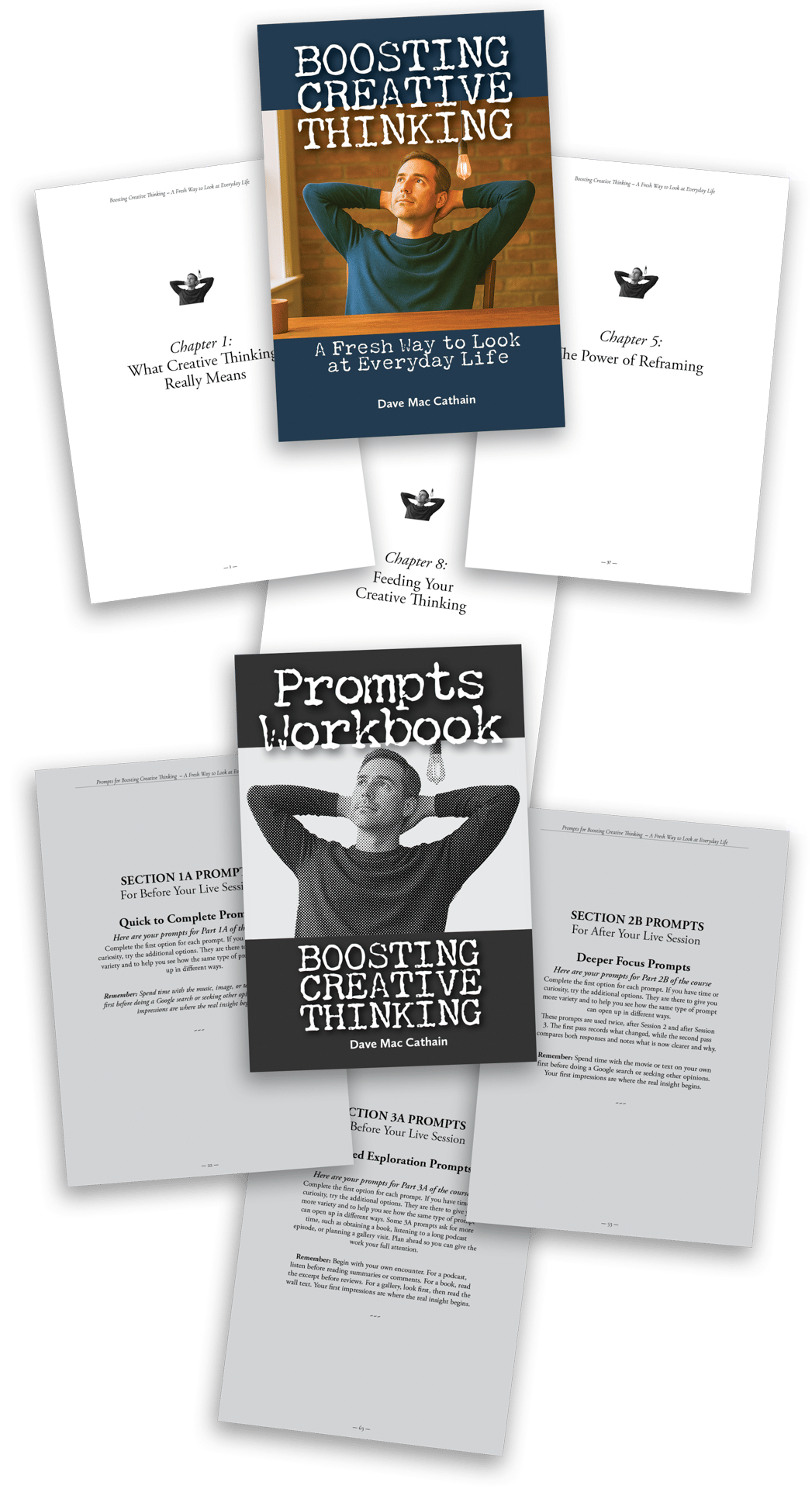 Cover of Boosting Creative Thinking and its Prompts Workbook by Dave Mac Cathain, with sample chapter and prompt pages. The Creative Guide.