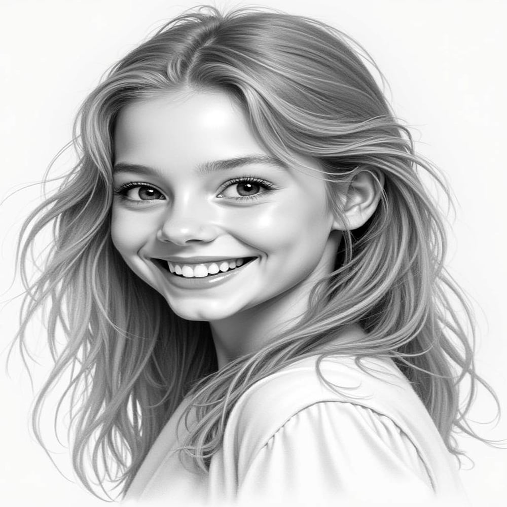 Realistic pencil sketch of a smiling girl