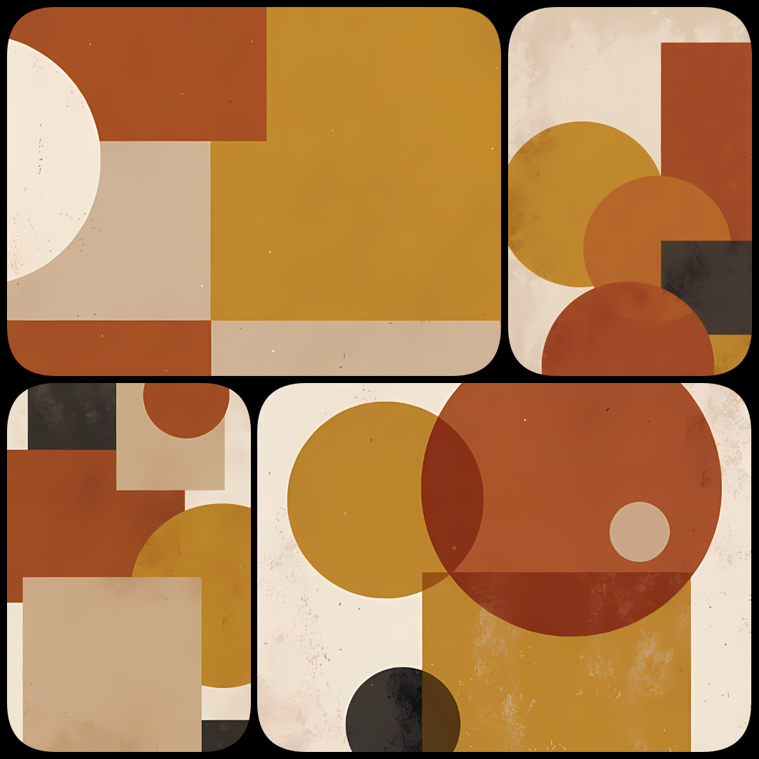 24 Boho Inspired Mid-Century Modern Abstract Geometric Art Bundle. Add bold color and timeless retro style to your home with this Mid-Century Modern Abstract Geometric Art Bundle. Featuring vibrant oranges, deep reds, ochres, and warm neutrals, these desi