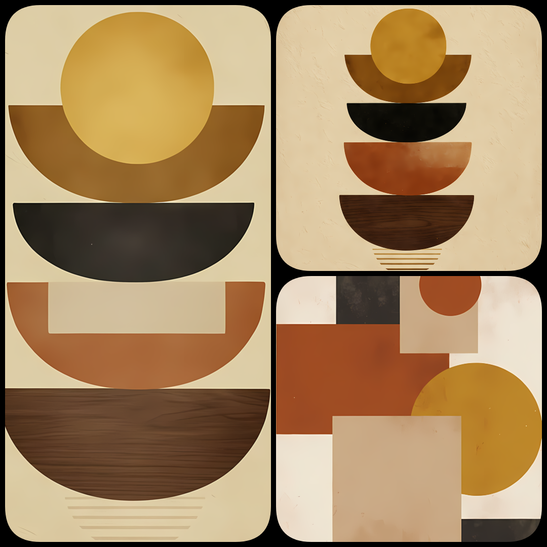 24 Boho Inspired Mid-Century Modern Abstract Geometric Art Bundle. Add bold color and timeless retro style to your home with this Mid-Century Modern Abstract Geometric Art Bundle. Featuring vibrant oranges, deep reds, ochres, and warm neutrals, these desi