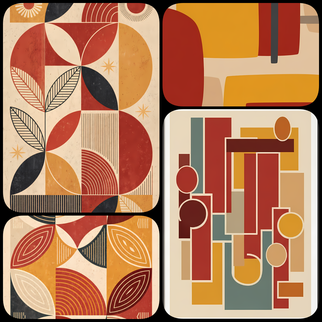 24 Boho Inspired Mid-Century Modern Abstract Geometric Art Bundle. Add bold color and timeless retro style to your home with this Mid-Century Modern Abstract Geometric Art Bundle. Featuring vibrant oranges, deep reds, ochres, and warm neutrals, these desi