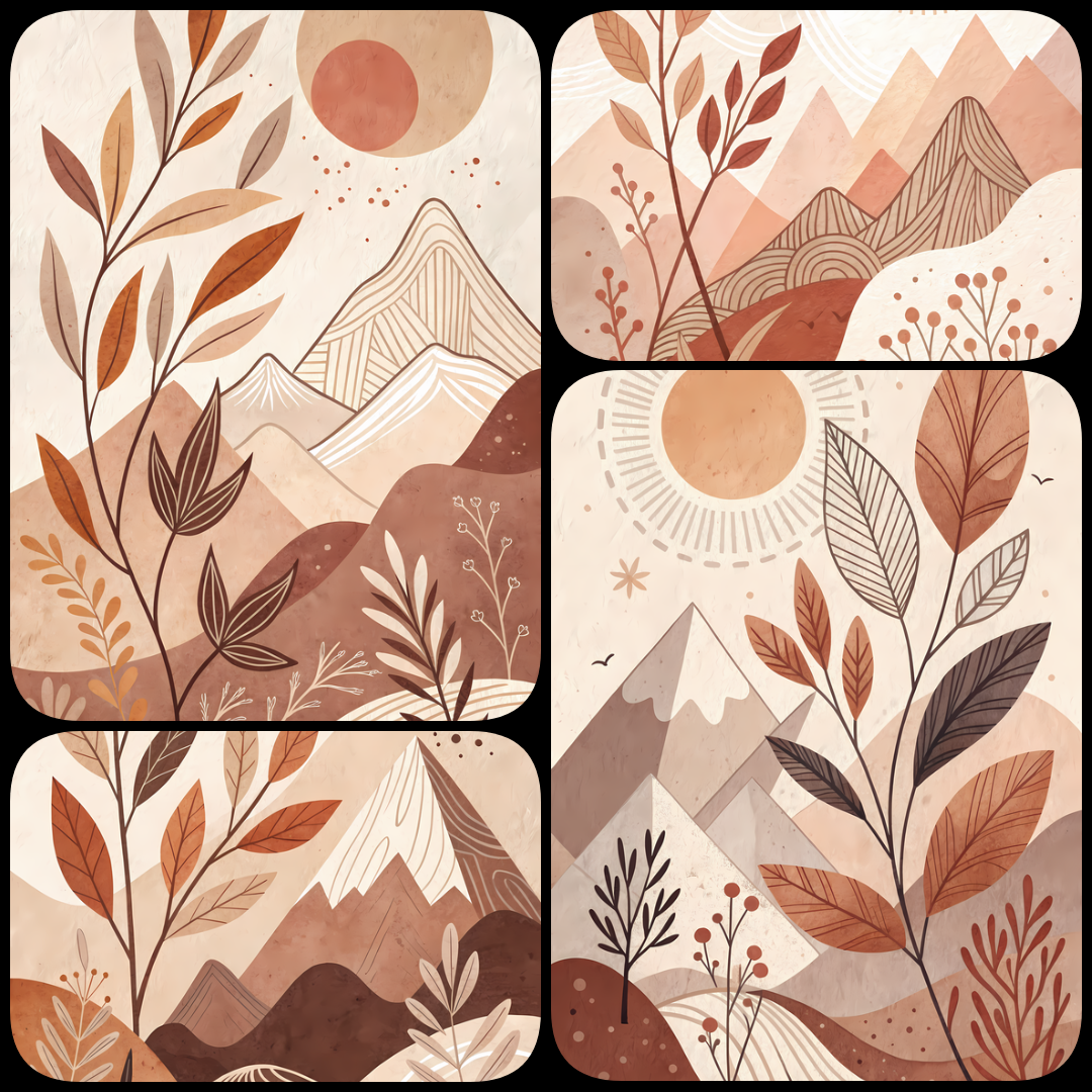 Earthy Sunrise Landscape Art Bundle - Warm Tones, Nature-Inspired Designs. Featuring stunning landscapes, mountains, and sunsets in a palette of warm earth tones, these artworks create a calm and sophisticated atmosphere in any room. Inspired by Bohemian 