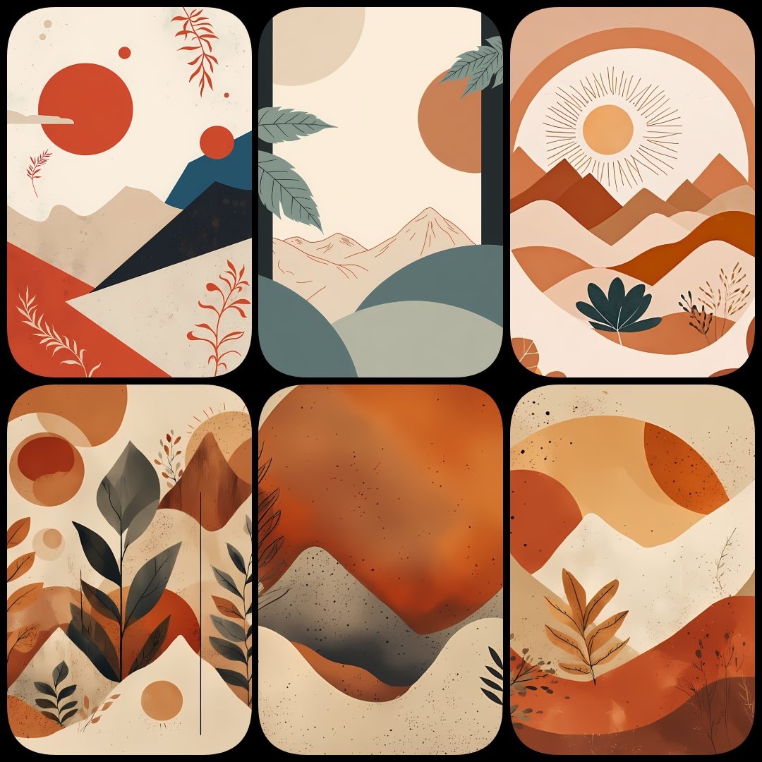 Earthy Sunrise Landscape Art Bundle - Warm Tones, Nature-Inspired Designs. Featuring stunning landscapes, mountains, and sunsets in a palette of warm earth tones, these artworks create a calm and sophisticated atmosphere in any room. Inspired by Bohemian 