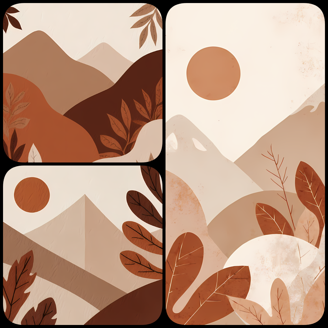 Earthy Sunrise Landscape Art Bundle - Warm Tones, Nature-Inspired Designs. Featuring stunning landscapes, mountains, and sunsets in a palette of warm earth tones, these artworks create a calm and sophisticated atmosphere in any room. Inspired by Bohemian 