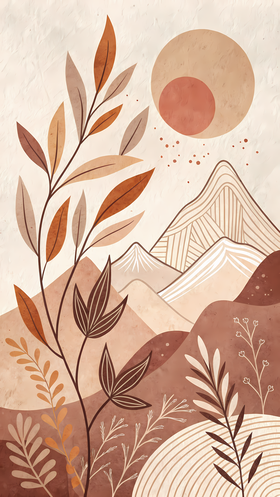 Earthy Sunrise Landscape Art Bundle - Warm Tones, Nature-Inspired Designs. Featuring stunning landscapes, mountains, and sunsets in a palette of warm earth tones, these artworks create a calm and sophisticated atmosphere in any room. Inspired by Bohemian 