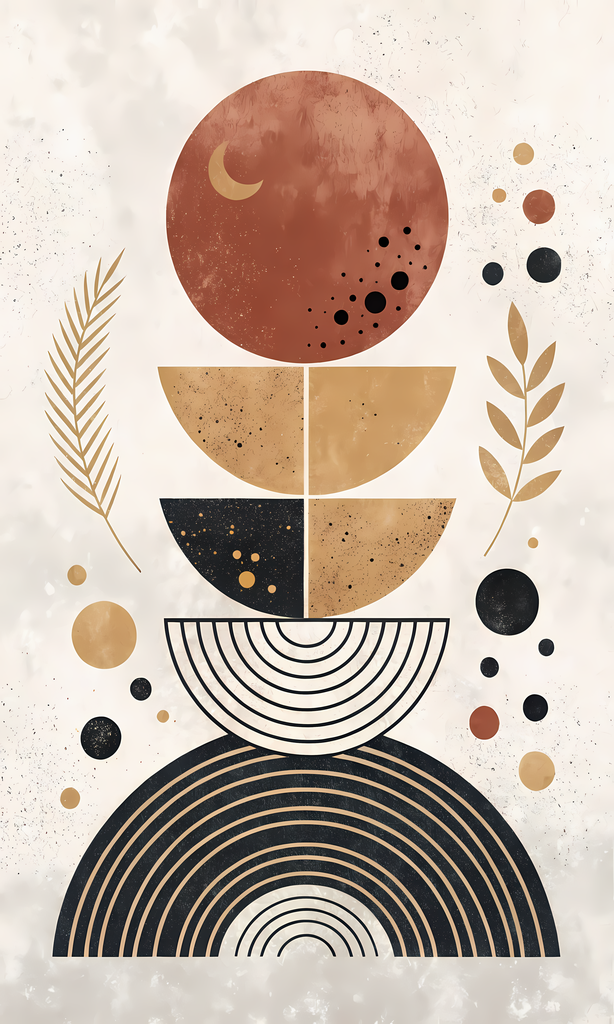 Geometric Boho Abstract Art Bundle - Warm Tones, Modern Shapes. A stunning Geometric Boho Abstract Art Bundle, featuring a harmonious blend of bold shapes, warm tones, and minimalist design. The collection showcases intricate circles, lines, and geometric
