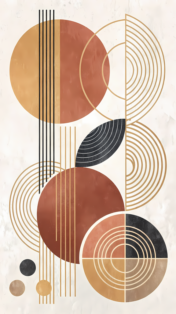 Geometric Boho Abstract Art Bundle - Warm Tones, Modern Shapes. A stunning Geometric Boho Abstract Art Bundle, featuring a harmonious blend of bold shapes, warm tones, and minimalist design. The collection showcases intricate circles, lines, and geometric