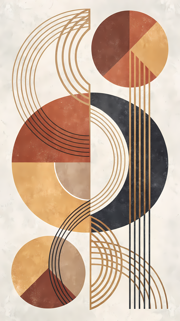 Geometric Boho Abstract Art Bundle - Warm Tones, Modern Shapes. A stunning Geometric Boho Abstract Art Bundle, featuring a harmonious blend of bold shapes, warm tones, and minimalist design. The collection showcases intricate circles, lines, and geometric