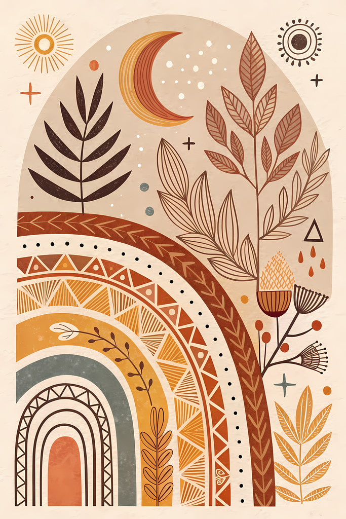 Warm Boho Desert and Sun Art Bundle - Earthy Tones and Nature-Inspired Designs. This collection of digital prints features earthy tones, soft sunsets, and playful rainbows inspired by desert landscapes and the beauty of the natural world. Each design comb
