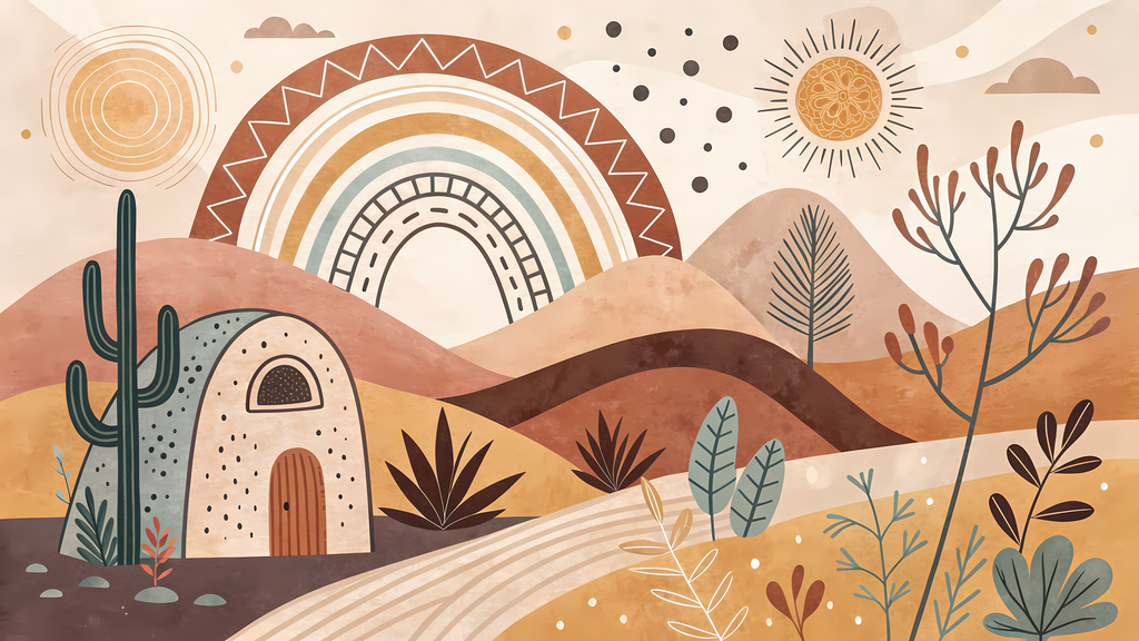 Warm Boho Desert and Sun Art Bundle - Earthy Tones and Nature-Inspired Designs. This collection of digital prints features earthy tones, soft sunsets, and playful rainbows inspired by desert landscapes and the beauty of the natural world. Each design comb