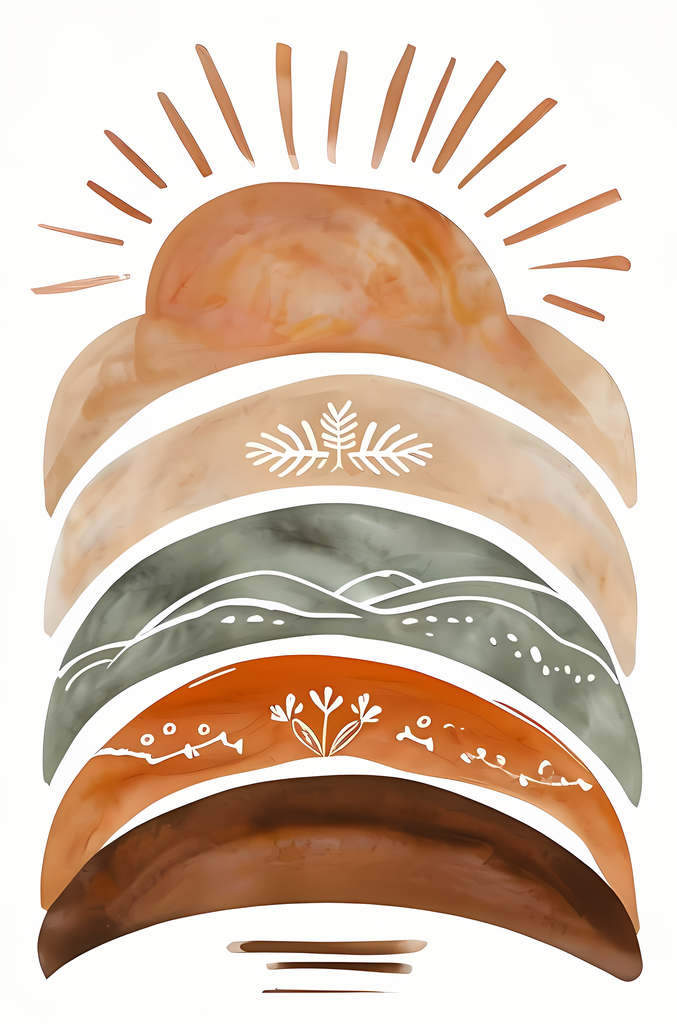 Warm Boho Desert and Sun Art Bundle - Earthy Tones and Nature-Inspired Designs. This collection of digital prints features earthy tones, soft sunsets, and playful rainbows inspired by desert landscapes and the beauty of the natural world. Each design comb