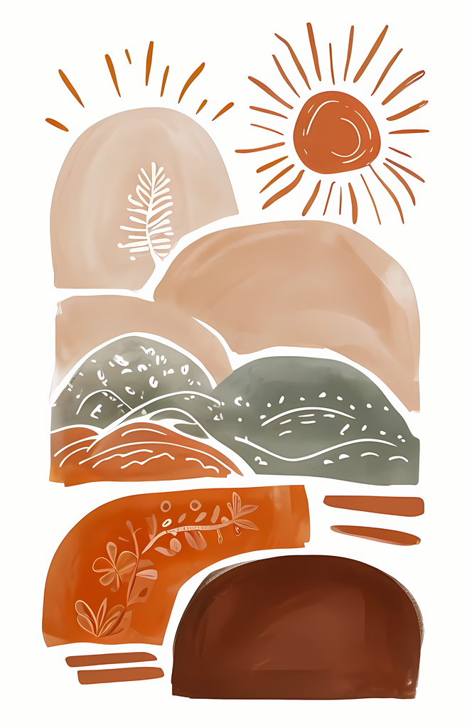 Warm Boho Desert and Sun Art Bundle - Earthy Tones and Nature-Inspired Designs. This collection of digital prints features earthy tones, soft sunsets, and playful rainbows inspired by desert landscapes and the beauty of the natural world. Each design comb