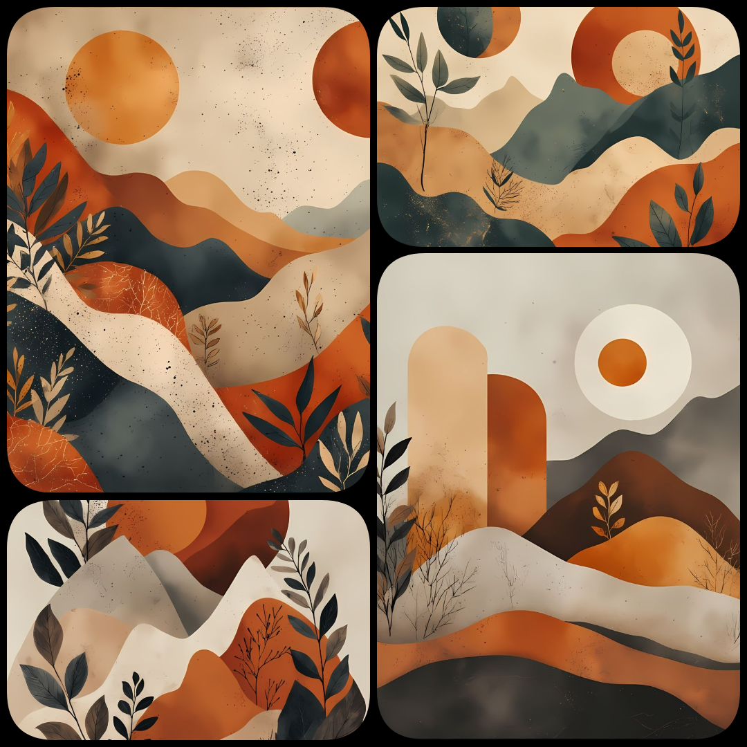 This bundle features 30 unique pieces that blend soft, earthy tones with geometric shapes, creating a harmonious balance between organic elements and contemporary design. Each artwork is a perfect fusion of nature-inspired landscapes, stylized foliage, an