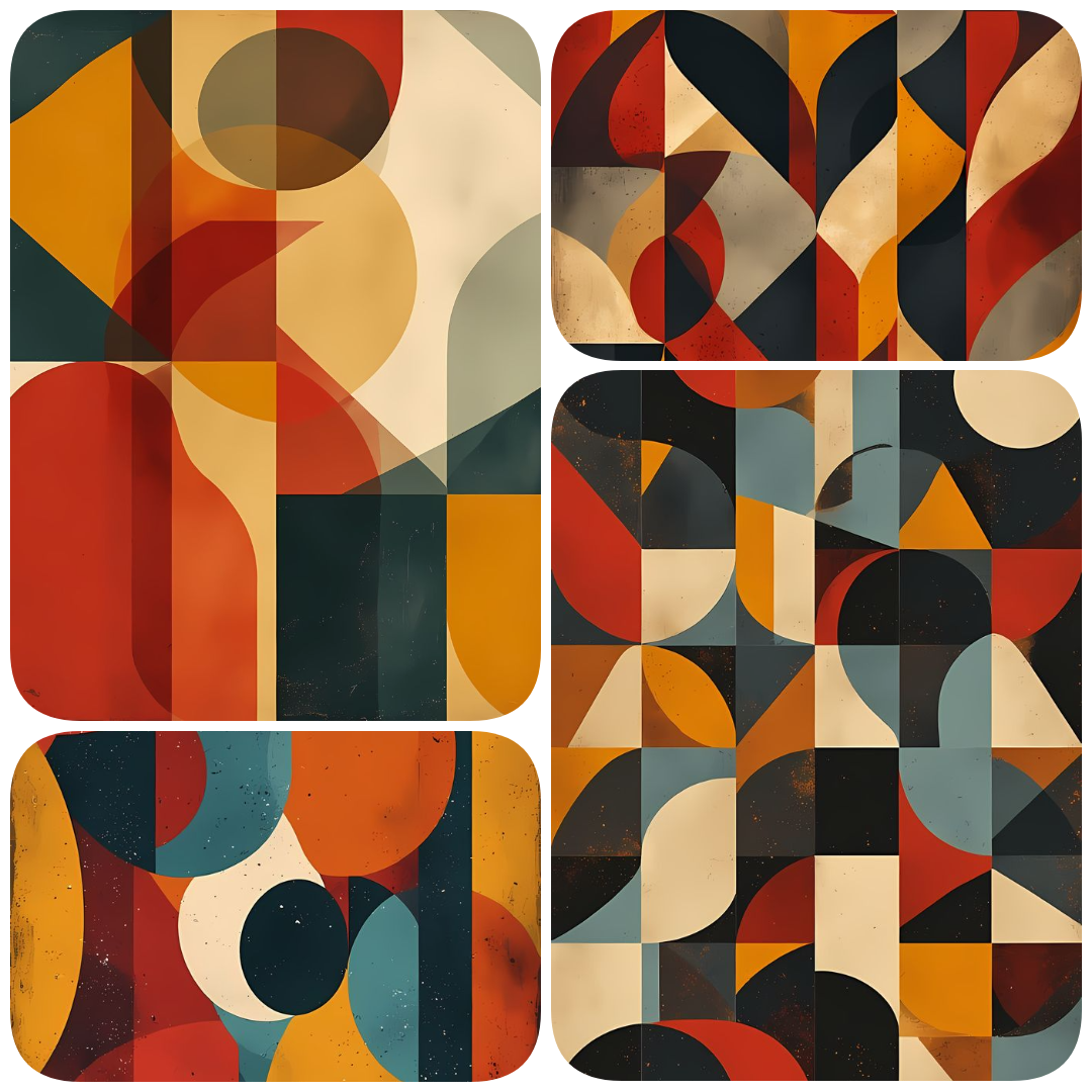 Discover a captivating mix of bold, modern geometric shapes and abstract forms with this striking digital art bundle. This collection features a vibrant combination of angular lines, circular motifs, and dynamic patterns, all rendered in rich, earthy hues