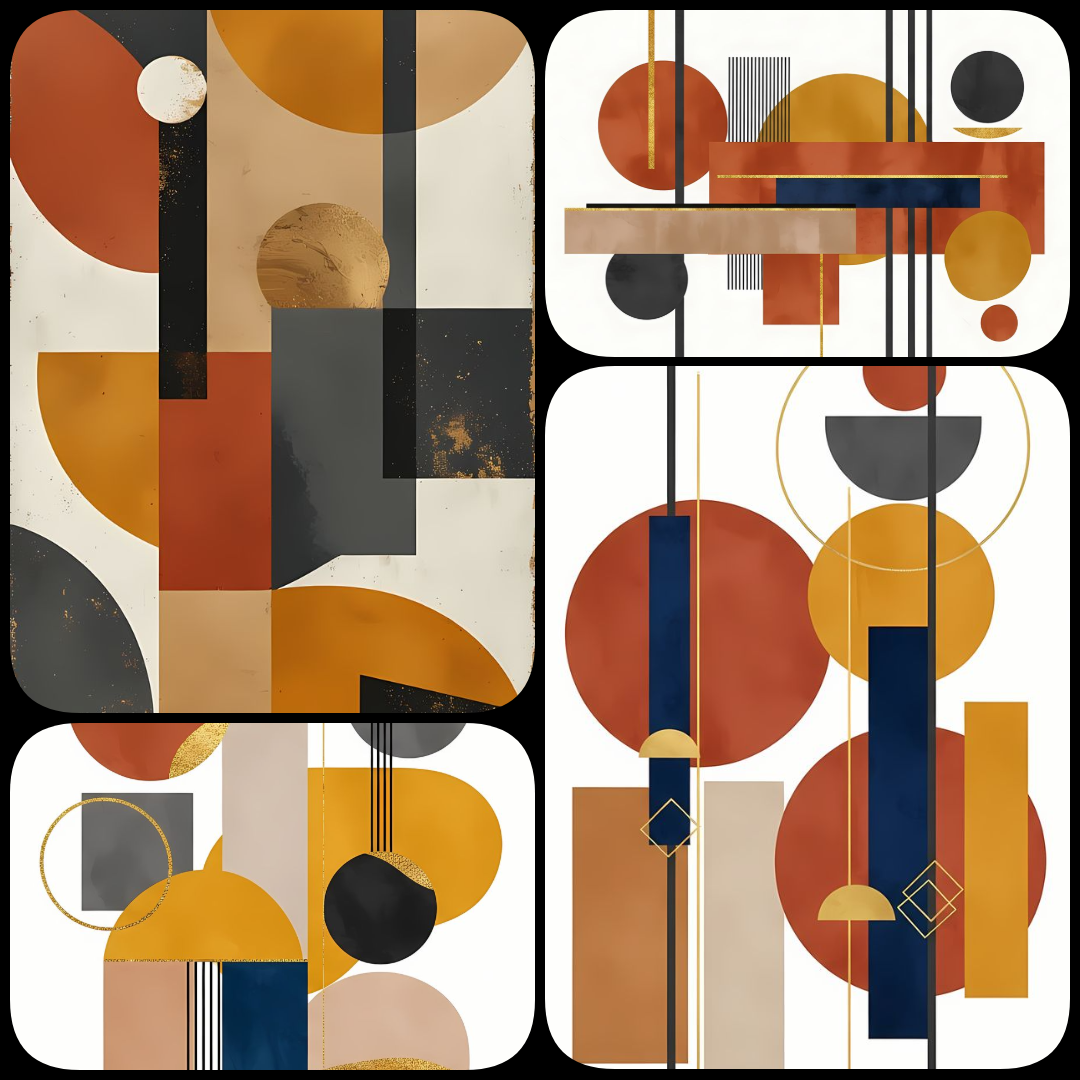 Discover a captivating mix of bold, modern geometric shapes and abstract forms with this striking digital art bundle. This collection features a vibrant combination of angular lines, circular motifs, and dynamic patterns, all rendered in rich, earthy hues