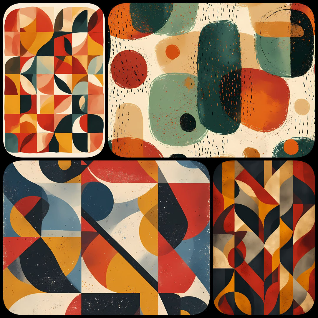 Discover a captivating mix of bold, modern geometric shapes and abstract forms with this striking digital art bundle. This collection features a vibrant combination of angular lines, circular motifs, and dynamic patterns, all rendered in rich, earthy hues