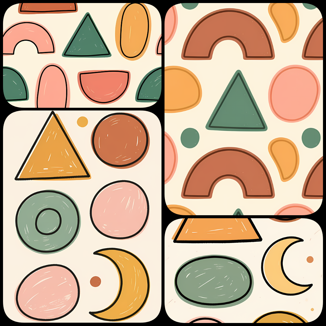 Boho Abstract Geometric Art Collection. Brighten up your projects with this vibrant and playful art bundle that blends organic shapes, retro-inspired patterns, and warm earthy tones. This collection features 24 unique digital designs, with a balance of wh