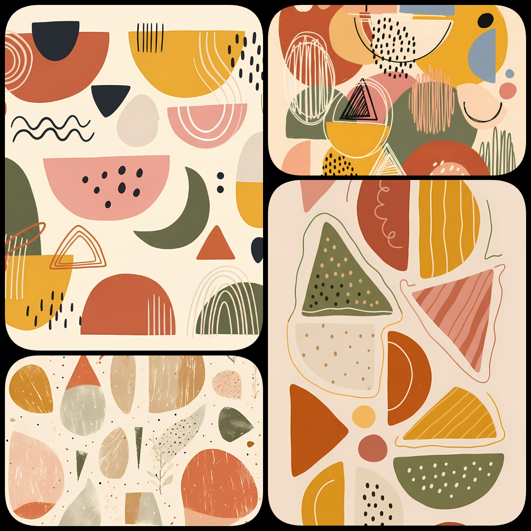 Boho Abstract Geometric Art Collection. Brighten up your projects with this vibrant and playful art bundle that blends organic shapes, retro-inspired patterns, and warm earthy tones. This collection features 24 unique digital designs, with a balance of wh
