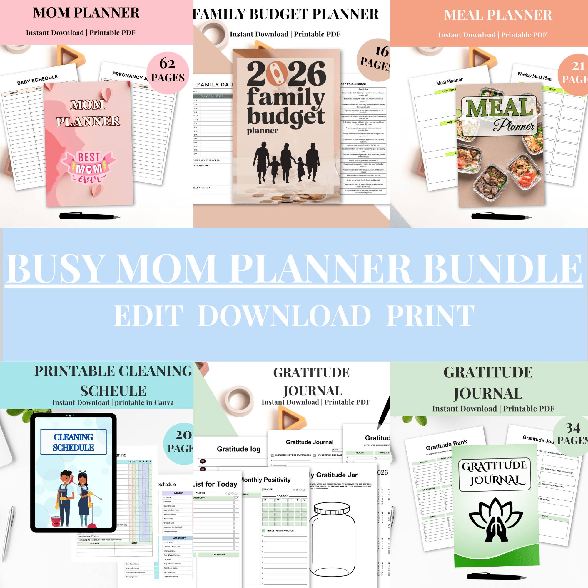 Busy Mom Planner Bundle, Printable Mom Organizer, Meal Gratitude Family ...