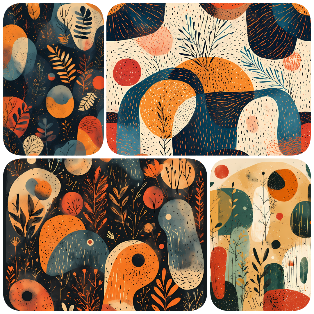 Geometric Bohemian Art Bundle: Abstract Nature & Modern Shapes. The art features a mix of soft, earthy tones such as oranges, greens, and yellows, paired with organic shapes like leaves, flowers, and abstract curves. Some designs incorporate playful eleme