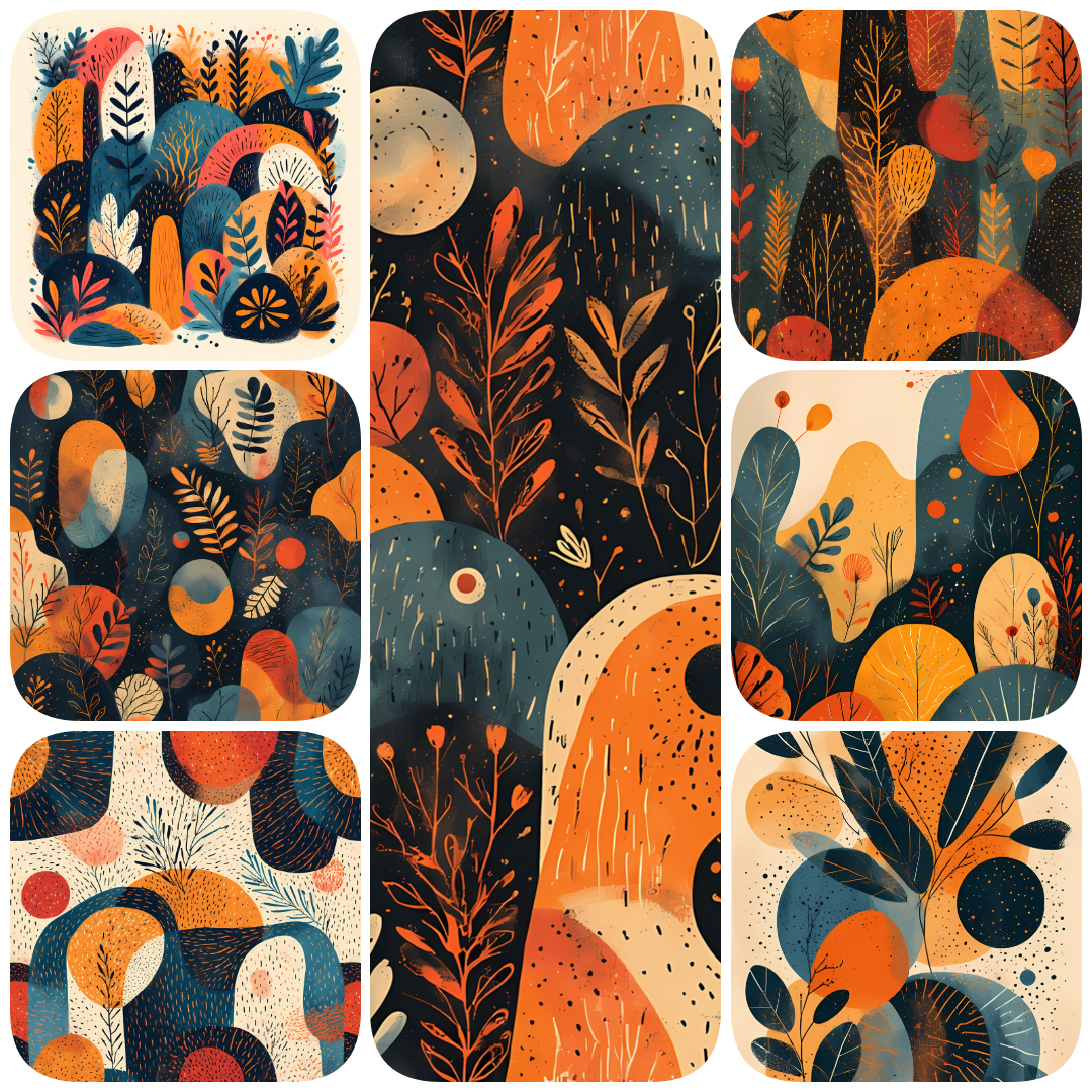 Geometric Bohemian Art Bundle: Abstract Nature & Modern Shapes. The art features a mix of soft, earthy tones such as oranges, greens, and yellows, paired with organic shapes like leaves, flowers, and abstract curves. Some designs incorporate playful eleme
