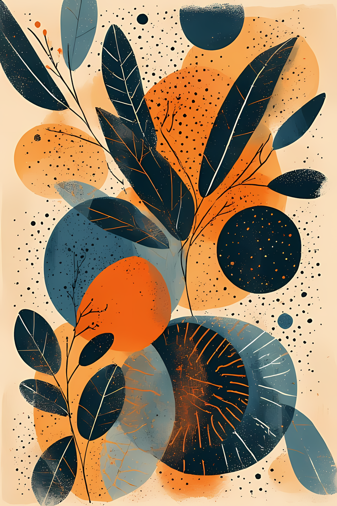 Geometric Bohemian Art Bundle: Abstract Nature & Modern Shapes. The art features a mix of soft, earthy tones such as oranges, greens, and yellows, paired with organic shapes like leaves, flowers, and abstract curves. Some designs incorporate playful eleme