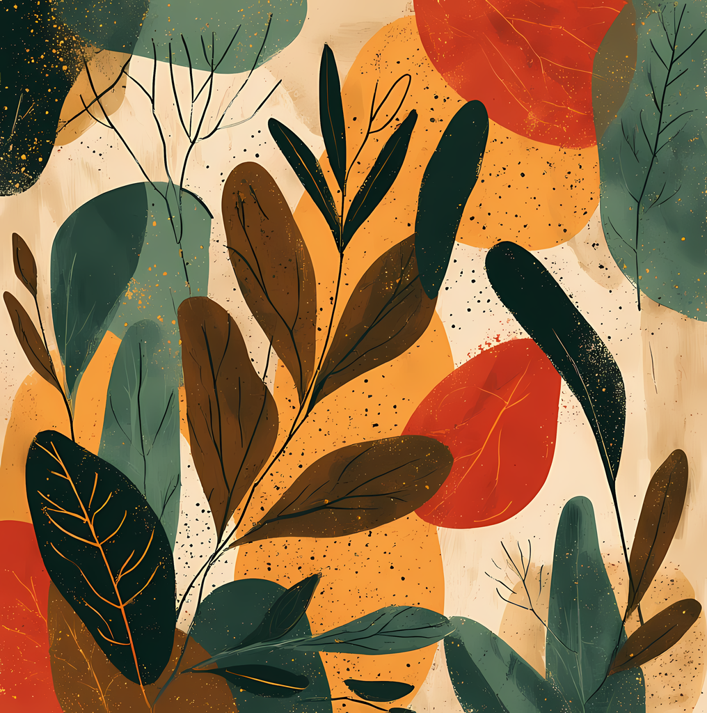 Geometric Bohemian Art Bundle: Abstract Nature & Modern Shapes. The art features a mix of soft, earthy tones such as oranges, greens, and yellows, paired with organic shapes like leaves, flowers, and abstract curves. Some designs incorporate playful eleme