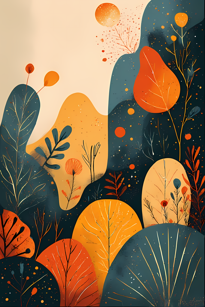 Geometric Bohemian Art Bundle: Abstract Nature & Modern Shapes. The art features a mix of soft, earthy tones such as oranges, greens, and yellows, paired with organic shapes like leaves, flowers, and abstract curves. Some designs incorporate playful eleme