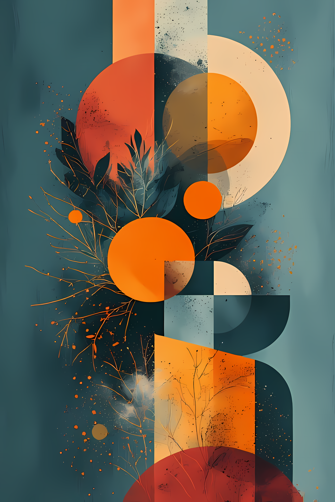 Geometric Bohemian Art Bundle: Abstract Nature & Modern Shapes. The art features a mix of soft, earthy tones such as oranges, greens, and yellows, paired with organic shapes like leaves, flowers, and abstract curves. Some designs incorporate playful eleme