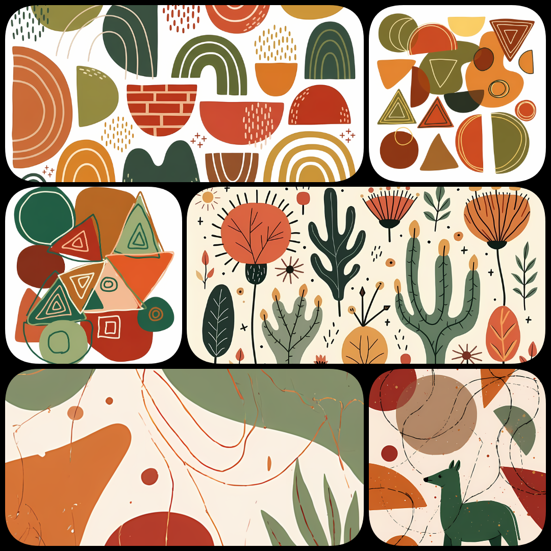 Bohemian Geometric Nature Art Pack: Mountains, Sunsets & Desert Scenes. The collection highlights bold geometric shapes, abstract mountains, and desert landscapes, blending natural motifs with boho-inspired patterns. Each design features earthy tones such