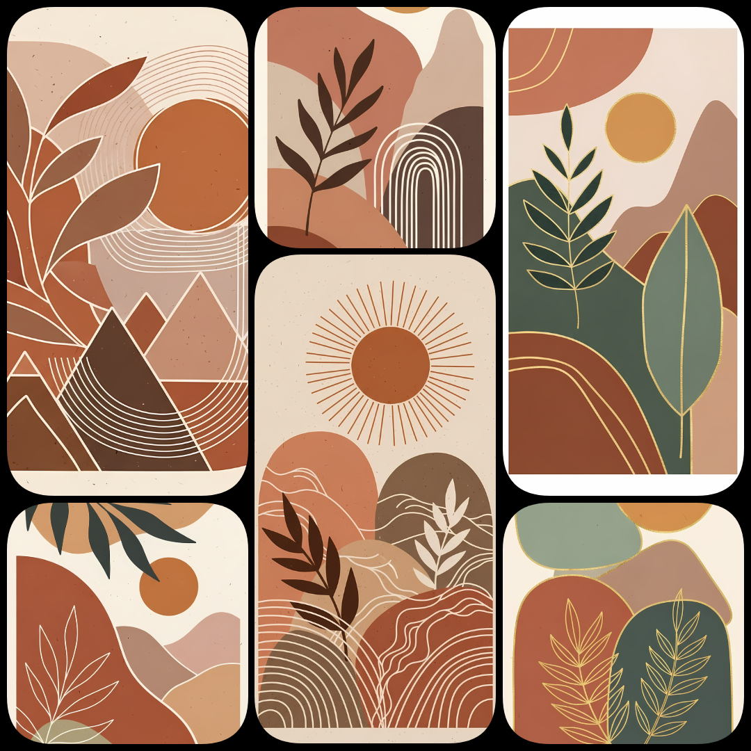 Bohemian Geometric Nature Art Pack: Mountains, Sunsets & Desert Scenes. The collection highlights bold geometric shapes, abstract mountains, and desert landscapes, blending natural motifs with boho-inspired patterns. Each design features earthy tones such