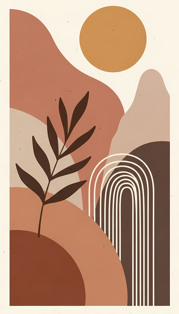 Bohemian Geometric Nature Art Pack: Mountains, Sunsets & Desert Scenes. The collection highlights bold geometric shapes, abstract mountains, and desert landscapes, blending natural motifs with boho-inspired patterns. Each design features earthy tones such